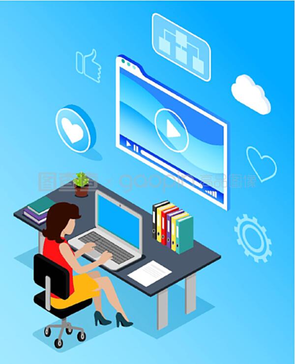 工作場所的商業網絡通信。辦公室使用手提電腦無線設備的女性。藍色的媒體顯示和互聯網圖標像和云。PC向量的數字營銷專家。計算機向量的數字營銷專家